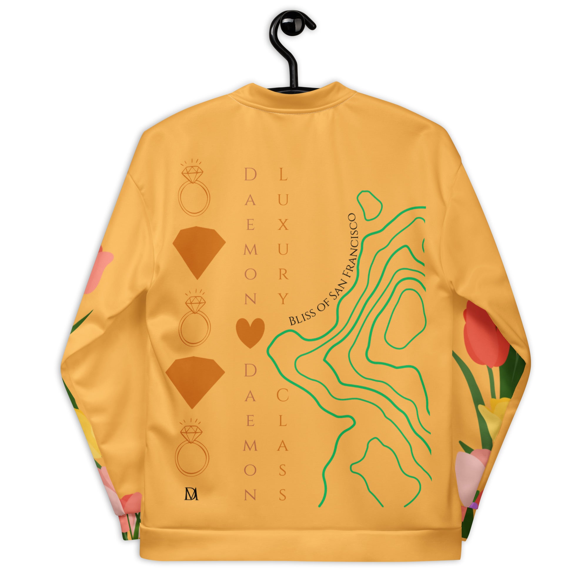 Unisex white bomber jacket featuring all-over print design inspired by ST. Francis Bliss Fuoco Cosmica by Daemon.