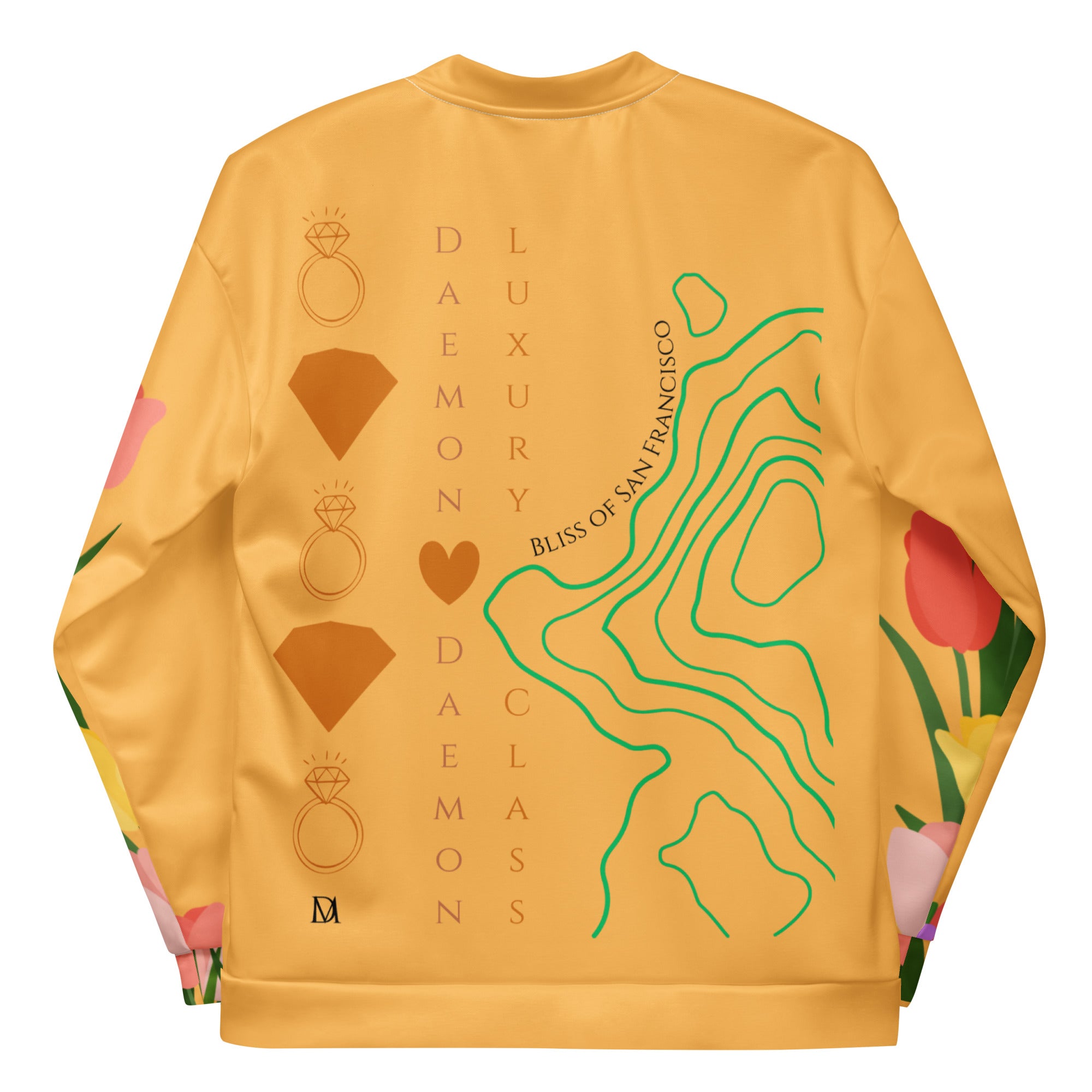 Unisex white bomber jacket featuring all-over cosmic St. Francis Bliss Fuoco design by Daemon, stylish and lightweight outerwear.