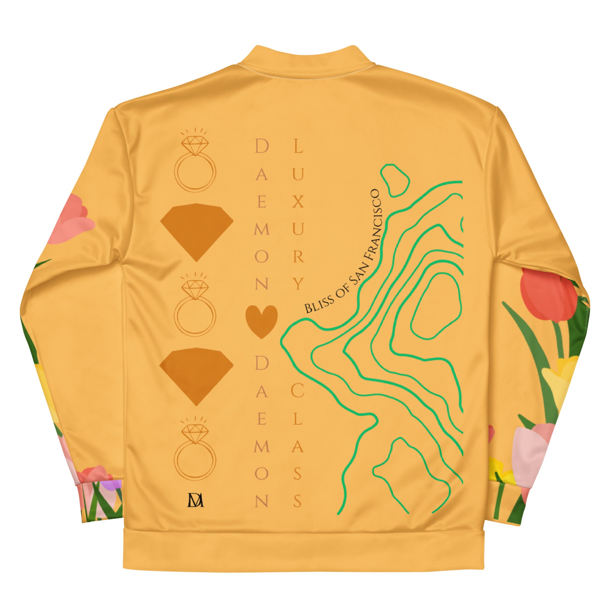 Daemon ST. Francis Bliss Fuoco Cosmica unisex bomber jacket with all-over white print, stylish and lightweight outerwear.