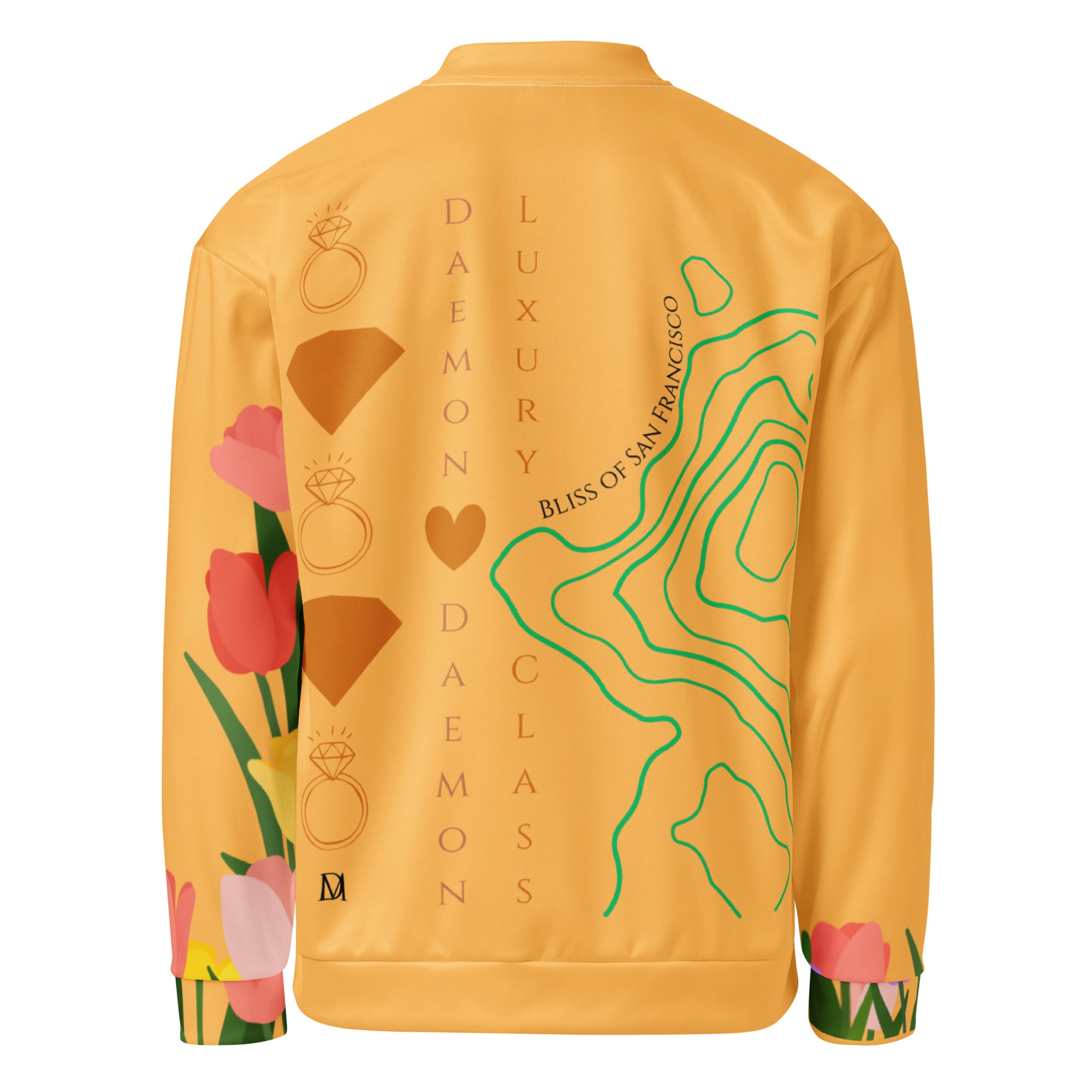 Daemon St. Francis Bliss Fuoco Cosmica unisex bomber jacket with all-over white print, stylish and comfortable outerwear.