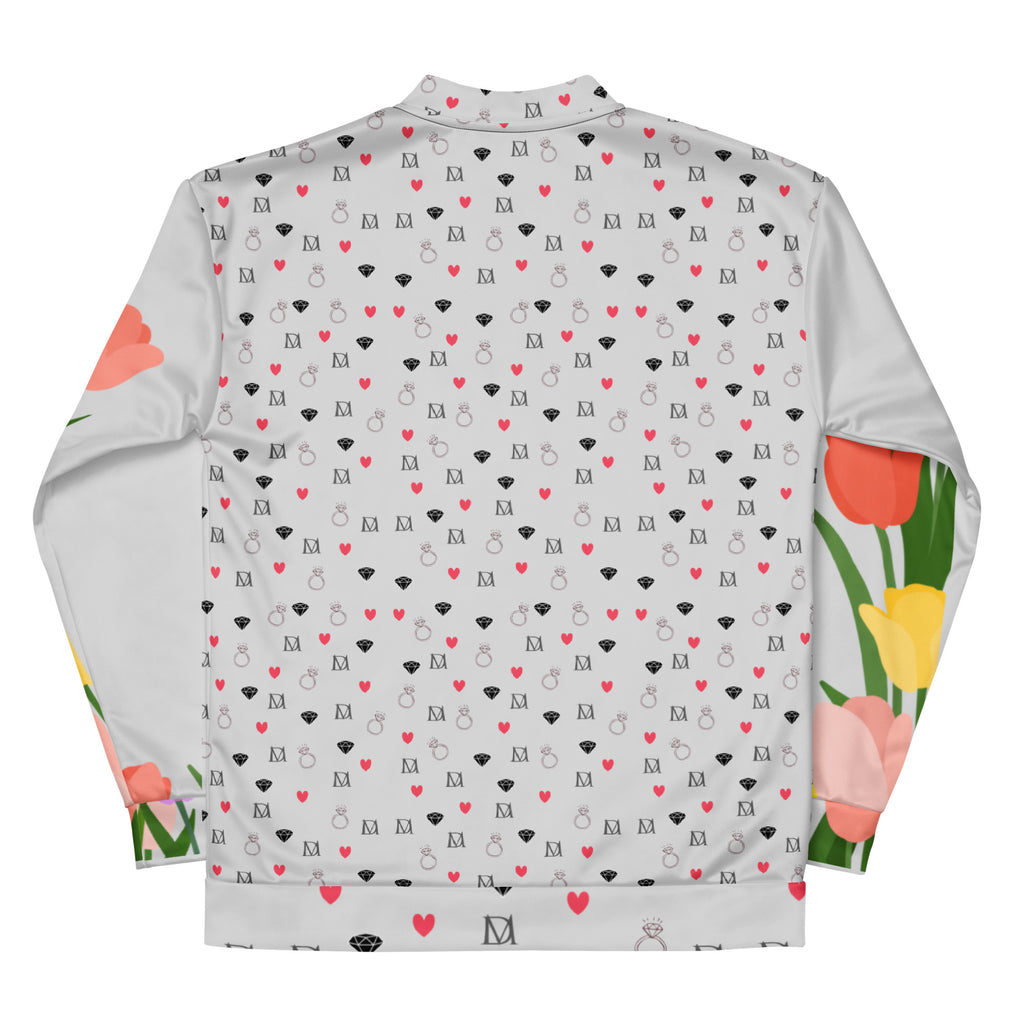 Daemon Speckled Diamonds Nardo Gardens unisex bomber jacket with all-over print in white on the back.