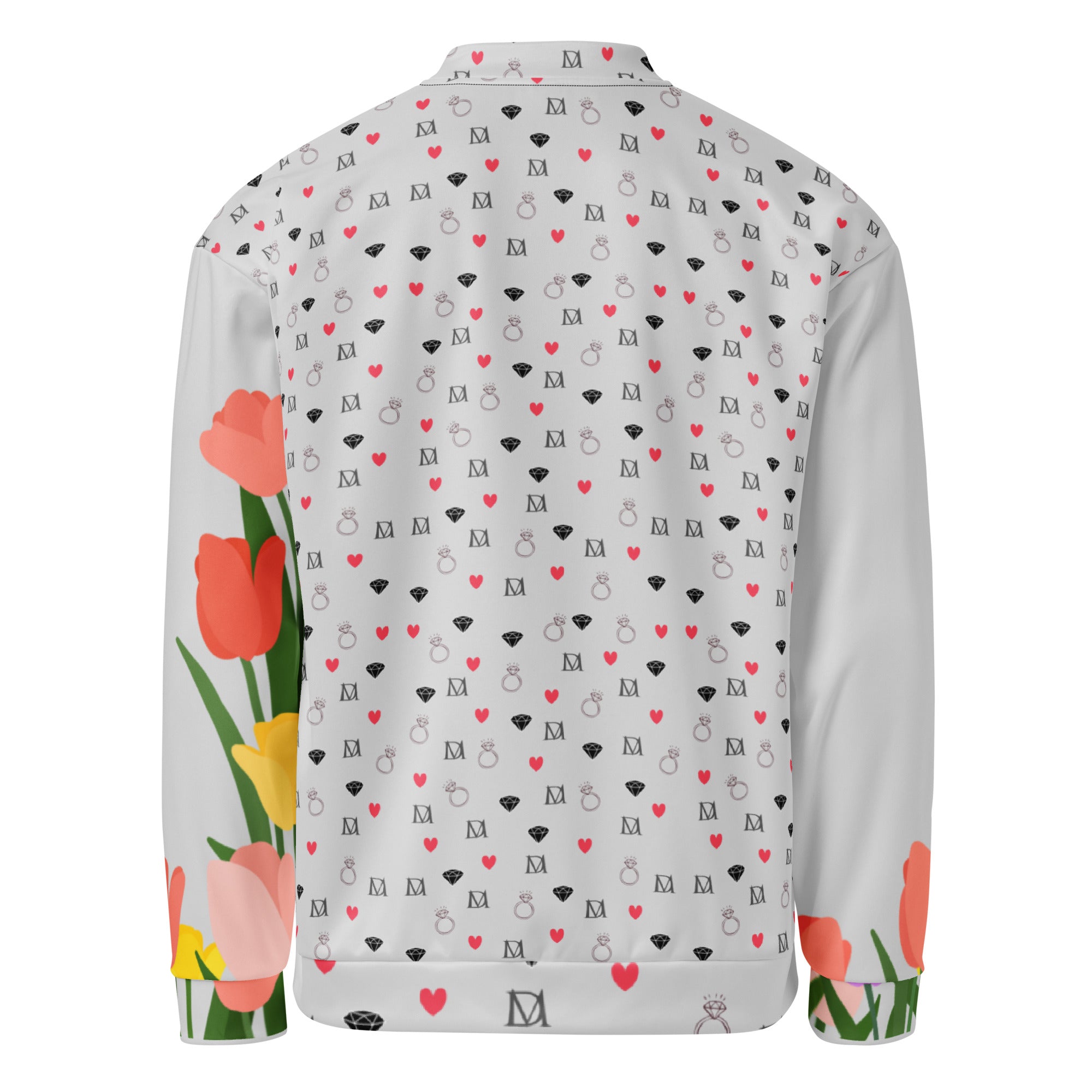 Daemon Speckled Diamonds Nardo Gardens unisex bomber jacket with all-over white print, stylish and comfortable outerwear.