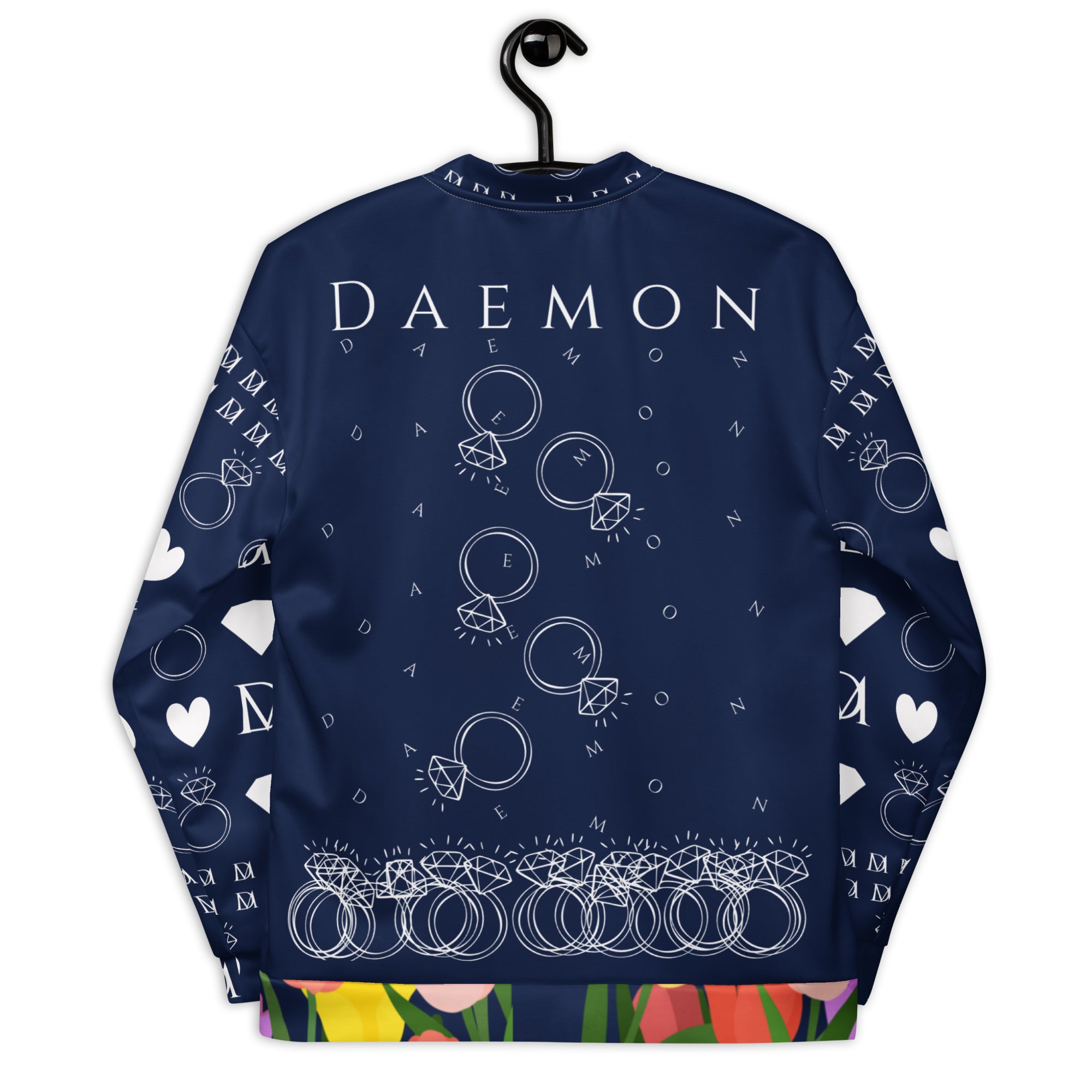 Unisex white bomber jacket with all-over Rings of Transition Cappotto design by Daemon, featuring bold graphic print on the back.