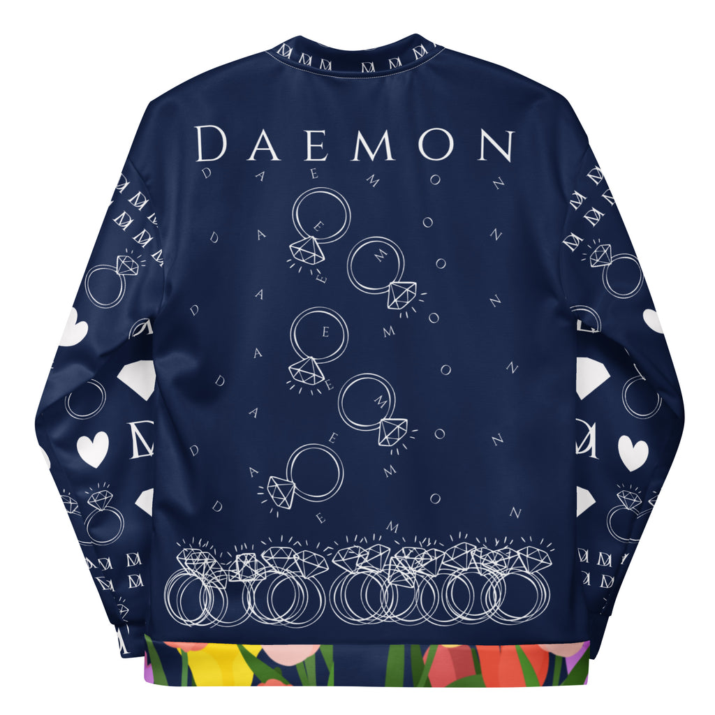 Unisex bomber jacket with all-over transition ring print in white, featuring Daemon's stylish design and modern streetwear style.