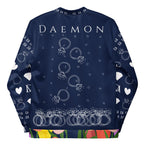 Unisex bomber jacket with all-over transition ring print in white, featuring Daemon's stylish design and modern streetwear style.