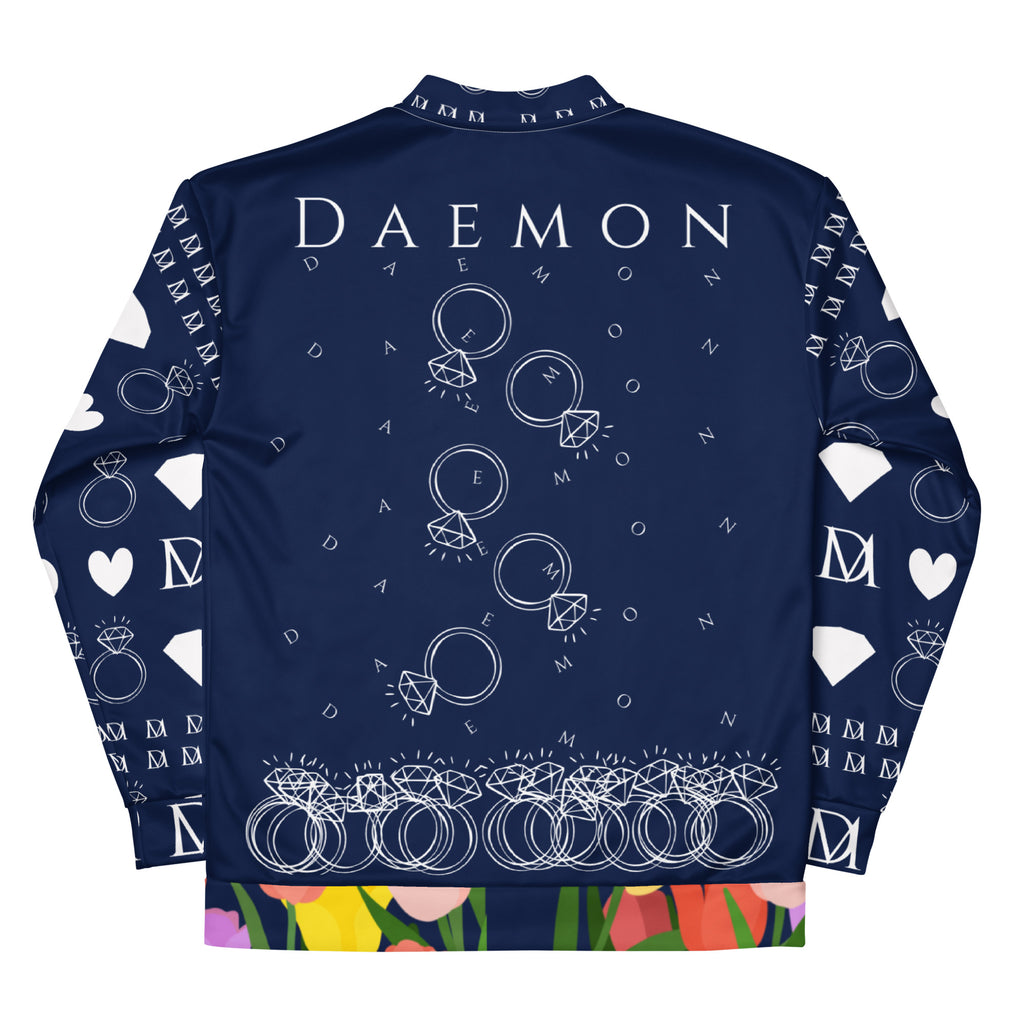 Unisex white bomber jacket featuring all-over print with Rings of Transition Cappotto design by Daemon.