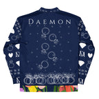 Unisex white bomber jacket featuring all-over print with Rings of Transition Cappotto design by Daemon.