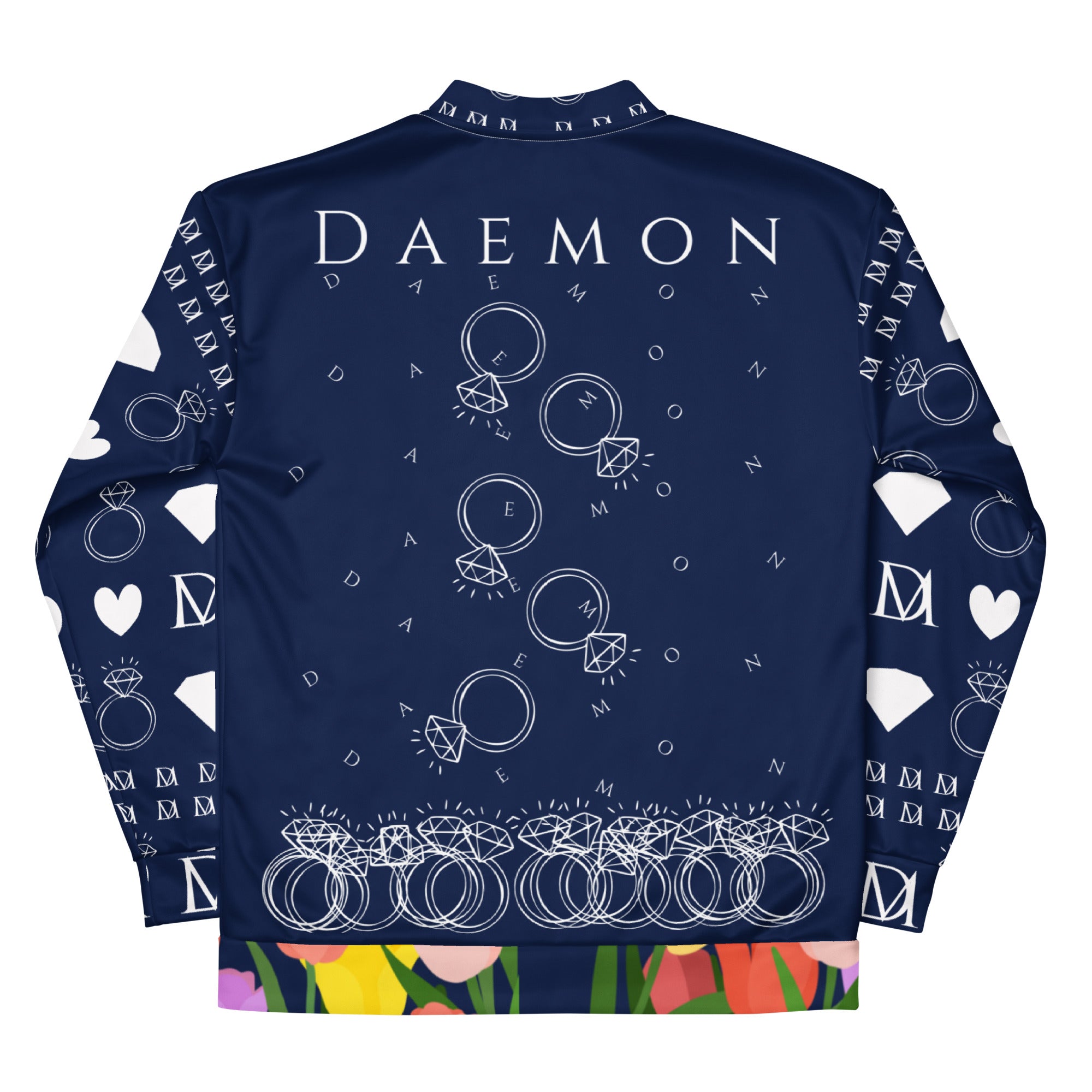 Unisex white bomber jacket featuring all-over print with Rings of Transition Cappotto design by Daemon.