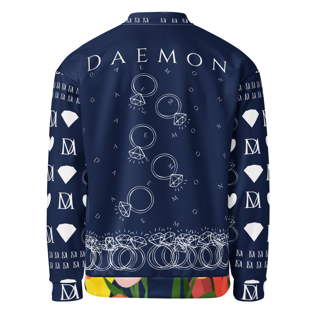 Unisex white bomber jacket with all-over transition ring print by Daemon, featuring a stylish, modern design on the back.