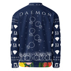 Unisex white bomber jacket with all-over transition ring print by Daemon, featuring a stylish, modern design on the back.