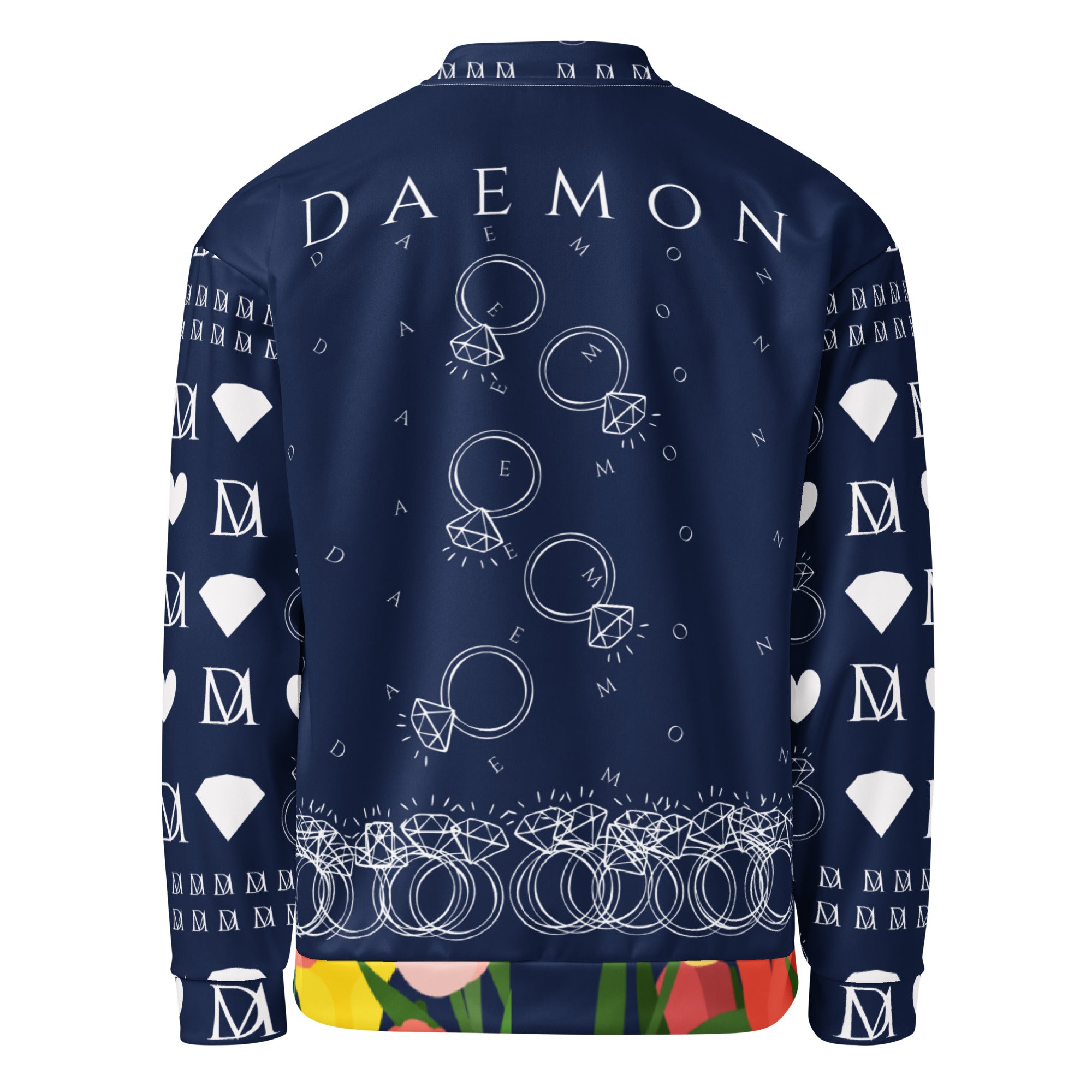 Unisex white bomber jacket with all-over transition ring print by Daemon, featuring a stylish, modern design on the back.
