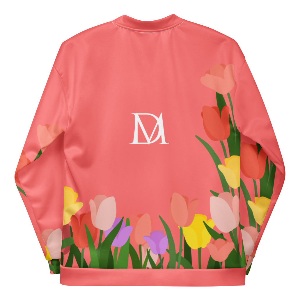 Daemon SACHI BANS Gardena unisex white all-over-print bomber jacket, front and back view, stylish and casual outerwear.
