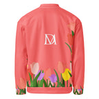 Daemon SACHI BANS Gardena unisex all-over-print bomber jacket in white with bold graphic design on the back.
