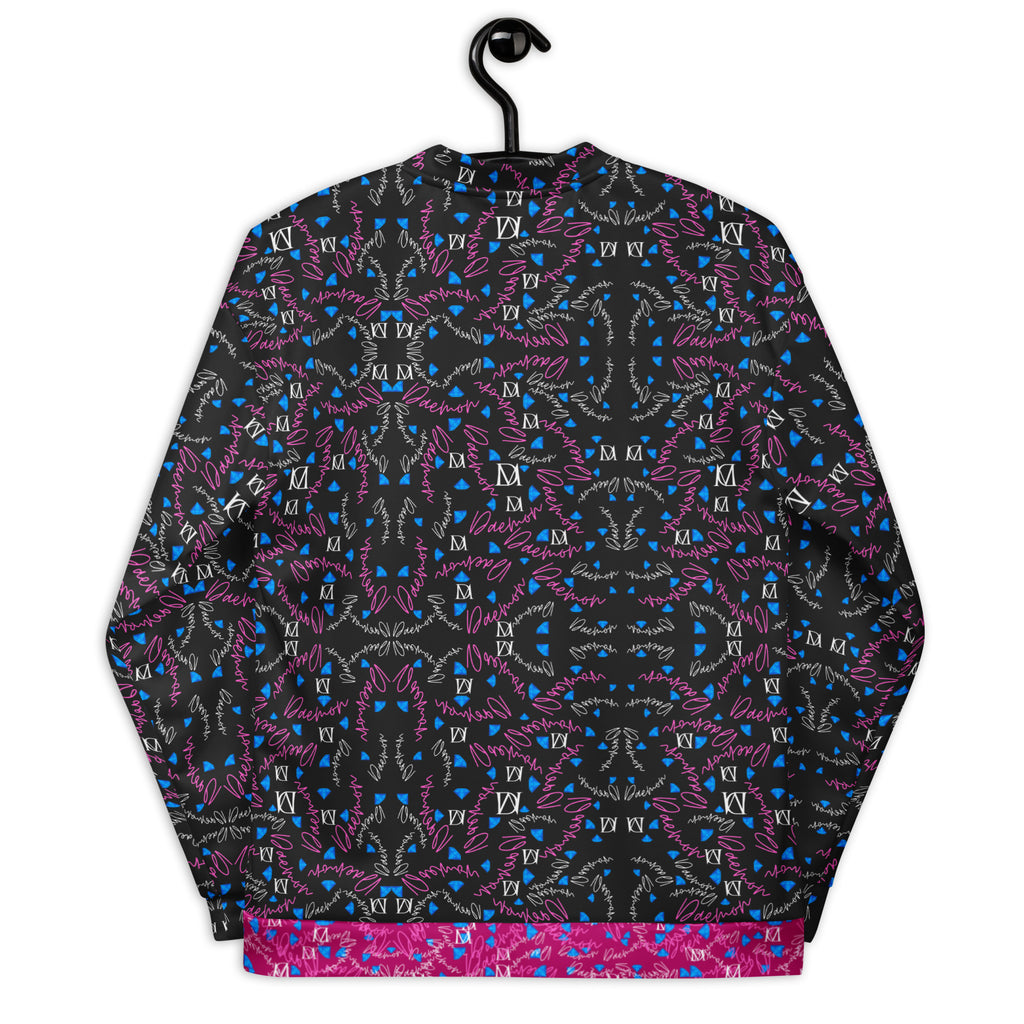 Unisex white bomber jacket with all-over Picasso Mirrors magnetic reflections print by Daemon Luxury, shown from the back.