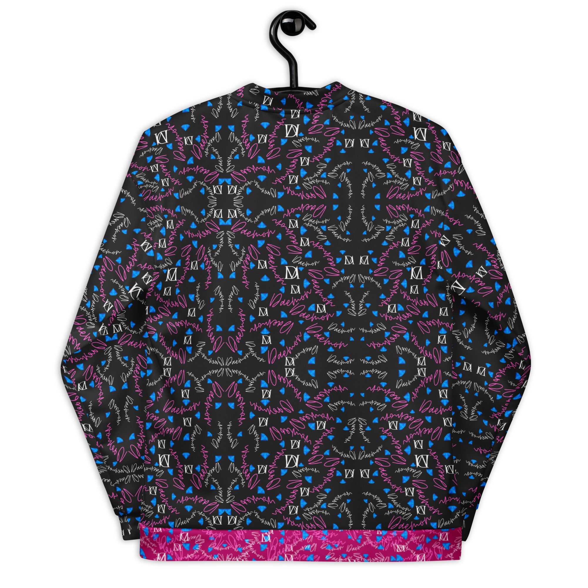 Unisex white bomber jacket with all-over Picasso Mirrors magnetic reflections print by Daemon Luxury, shown from the back.