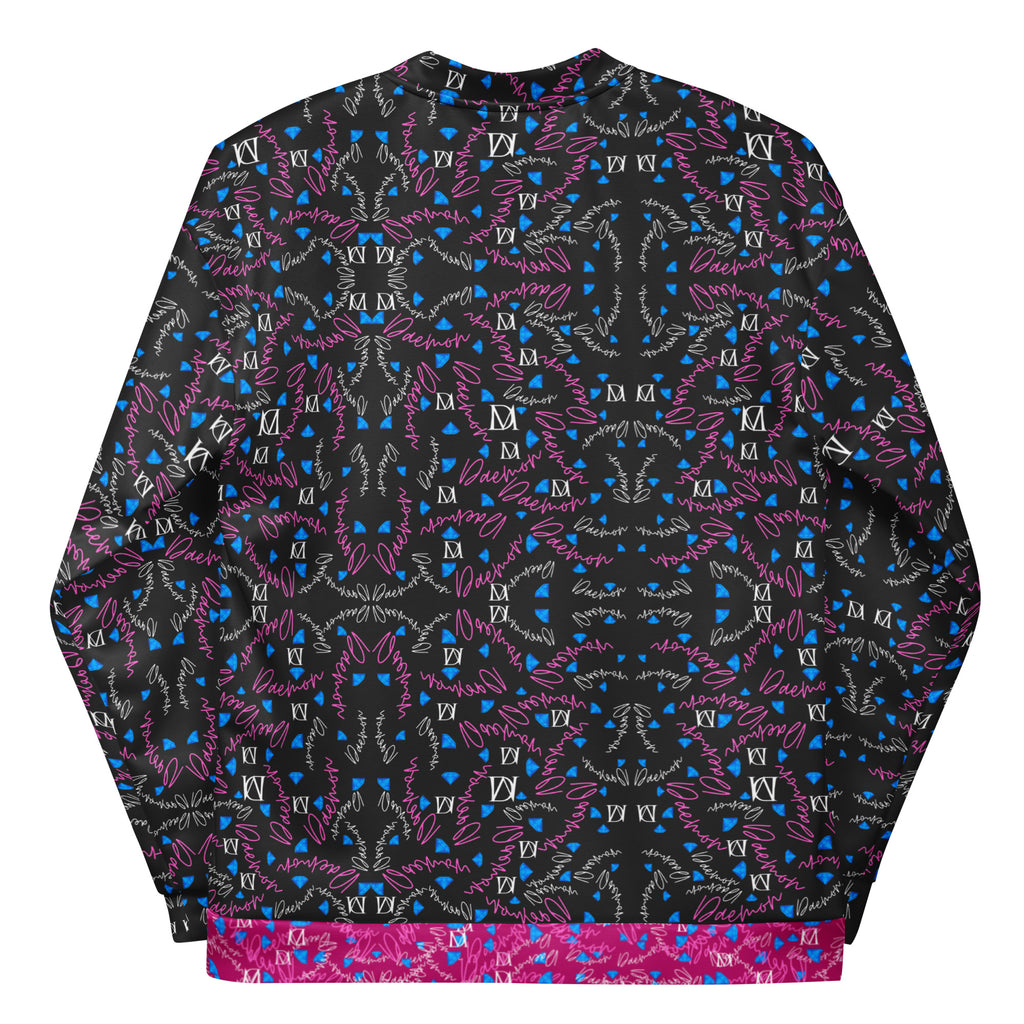 Unisex white bomber jacket with all-over Picasso-inspired mirror print by Daemon Luxury, showcasing artistic reflective patterns.