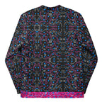 Unisex white bomber jacket with all-over Picasso-inspired mirror print by Daemon Luxury, showcasing artistic reflective patterns.