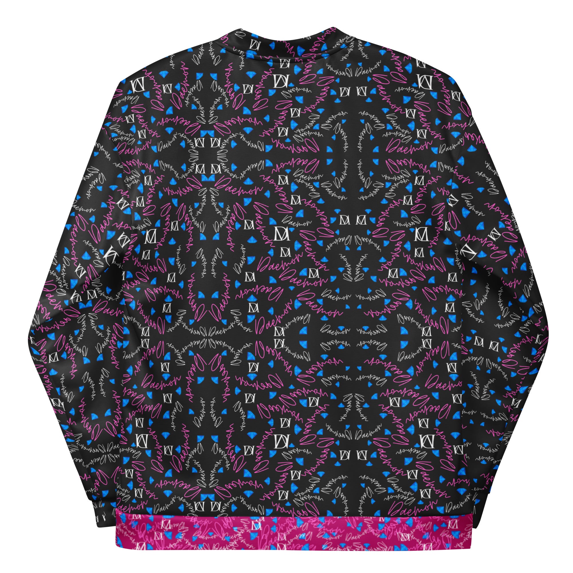 Unisex white bomber jacket with all-over Picasso-inspired mirror print by Daemon Luxury, showcasing artistic reflective patterns.