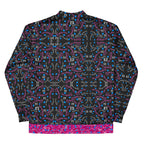 Unisex white bomber jacket with all-over Picasso Mirrors magnetic reflections print by Daemon Luxury, front view showing the detailed design.