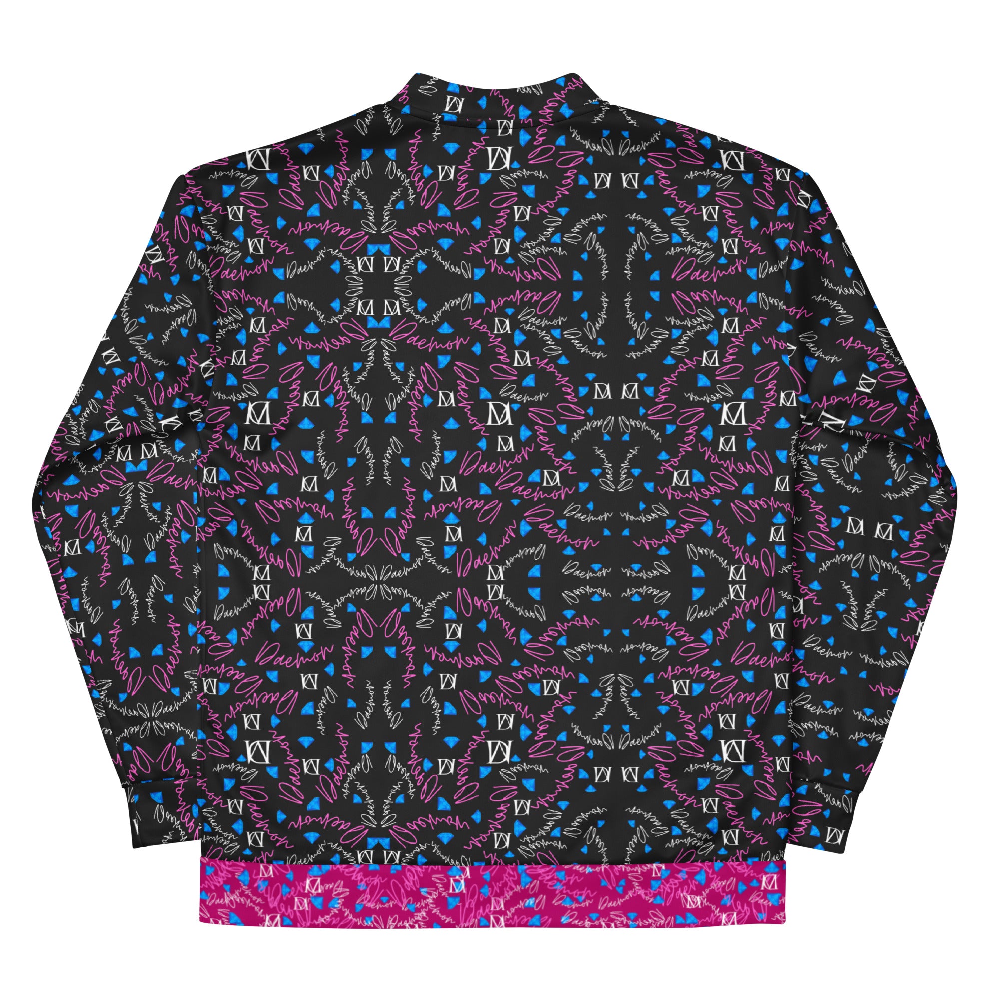 Unisex white bomber jacket with all-over Picasso Mirrors magnetic reflections print by Daemon Luxury, front view showing the detailed design.