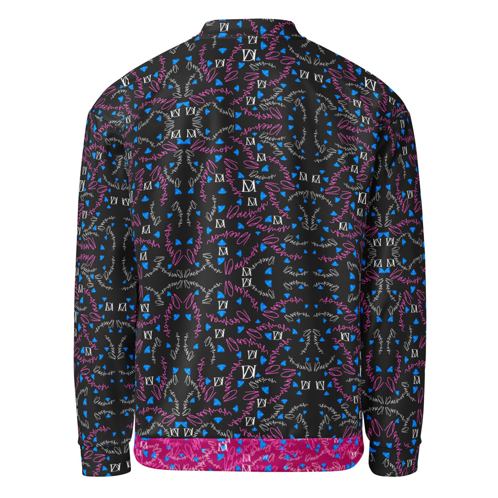 Unisex white bomber jacket with all-over Picasso Mirrors magnetic reflections print by Daemon Luxury, front view.