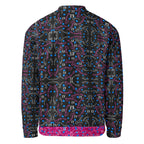 Unisex white bomber jacket with all-over Picasso Mirrors magnetic reflections print by Daemon Luxury, front view.