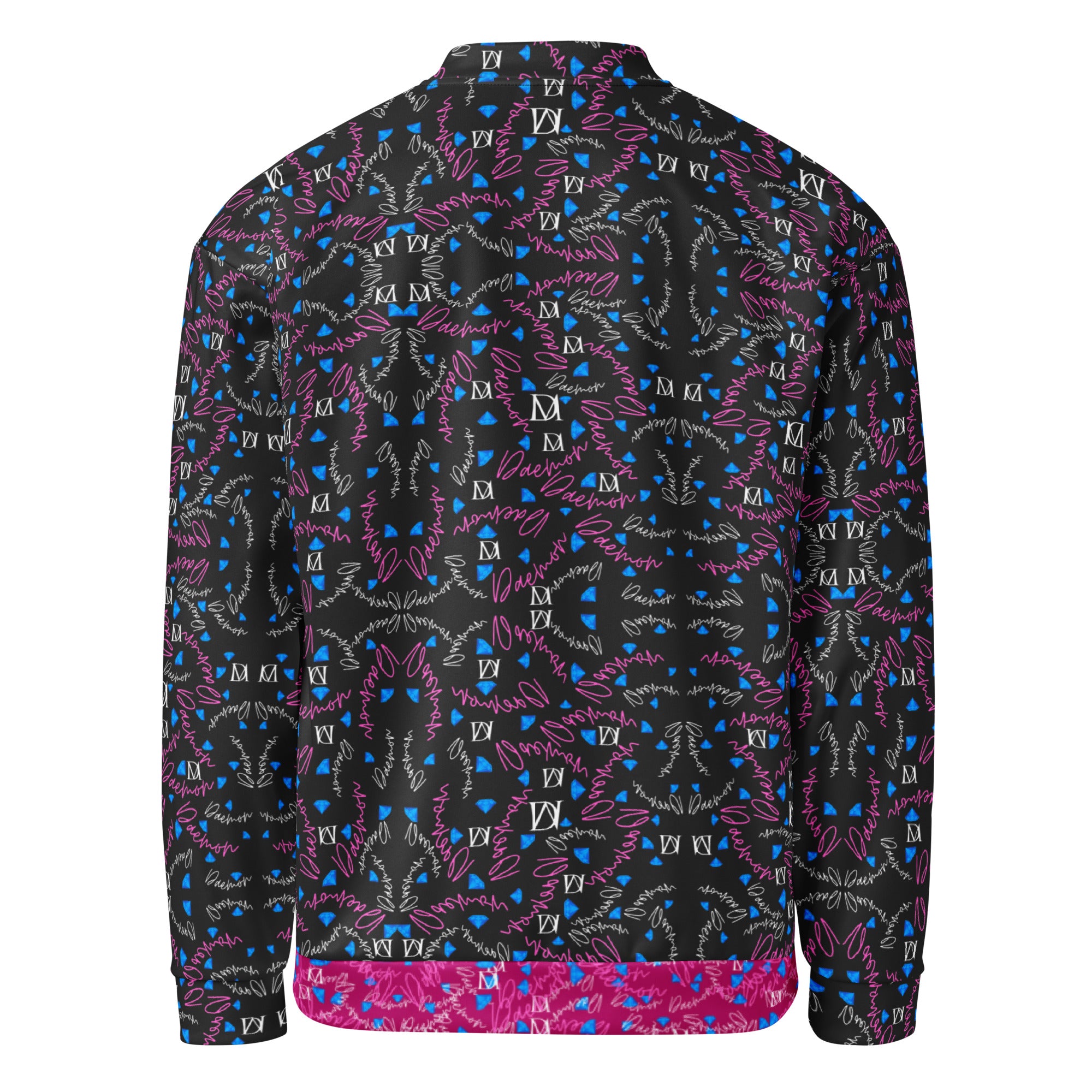 Unisex white bomber jacket with all-over Picasso Mirrors magnetic reflections print by Daemon Luxury, front view.