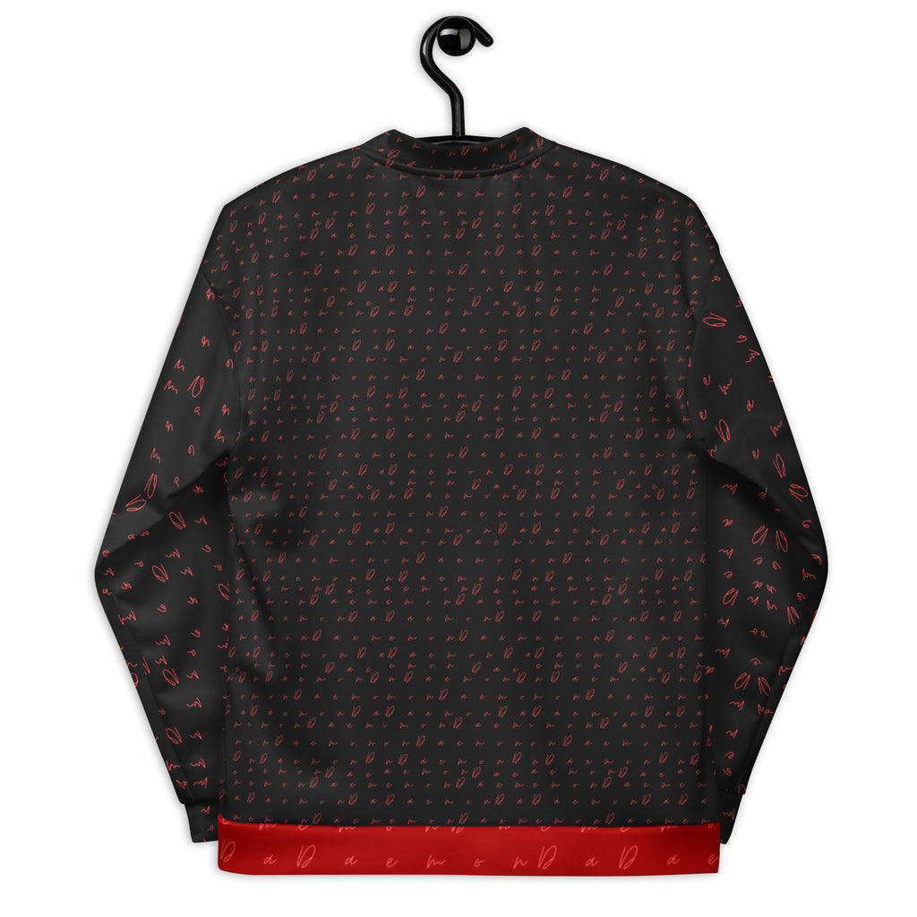 Unisex white bomber jacket with Picasso Mirrors all-over print, designed by Daemon Luxury, displayed from the back.