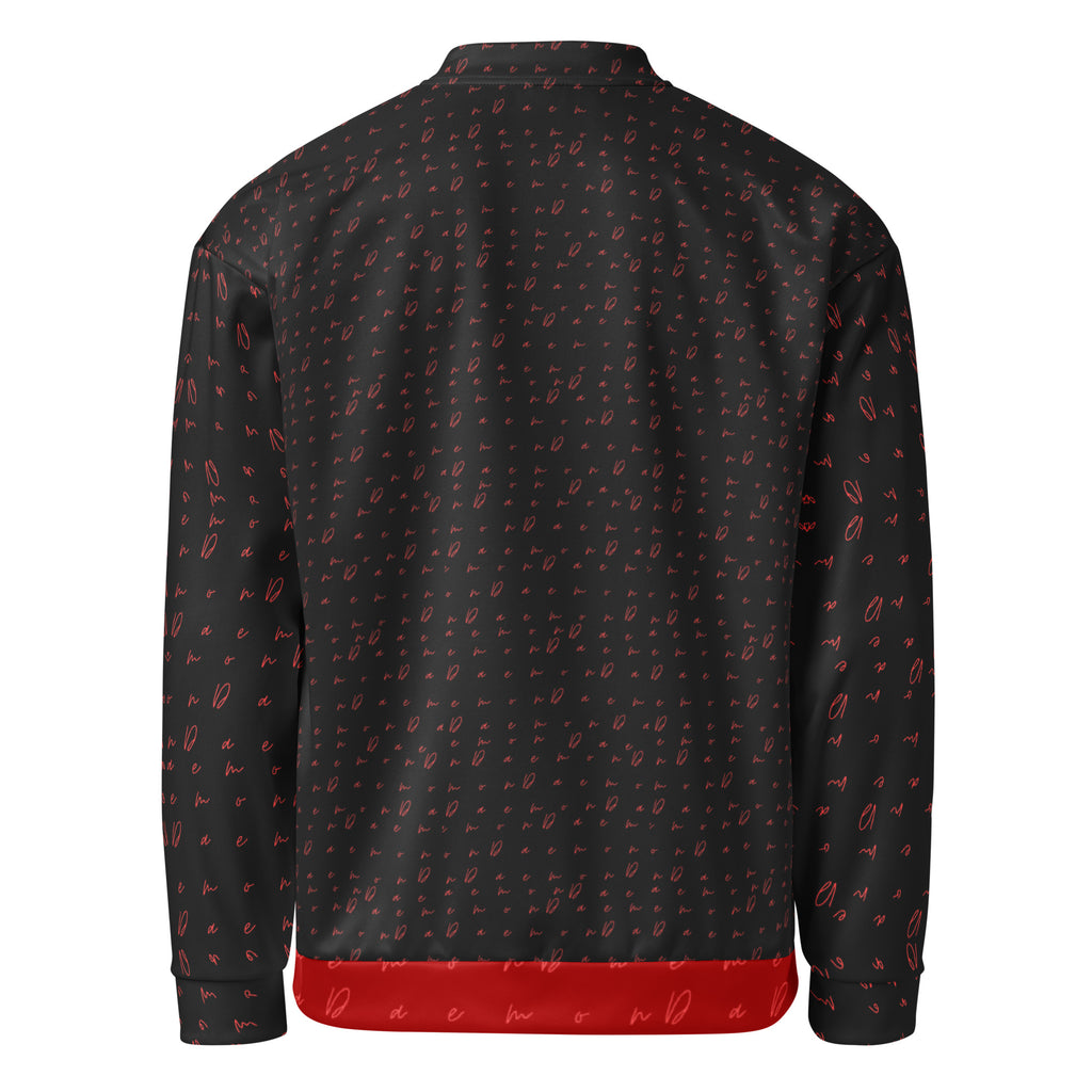 All-over print unisex bomber jacket with Picasso Mirrors design by Daemon Luxury, featuring a white background and stylish fit.