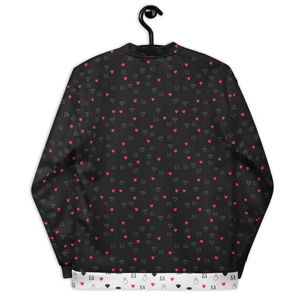 Unisex Diamanti Maculati Ombra bomber jacket by Daemon Luxury with all-over white print, front view showing stylish design.