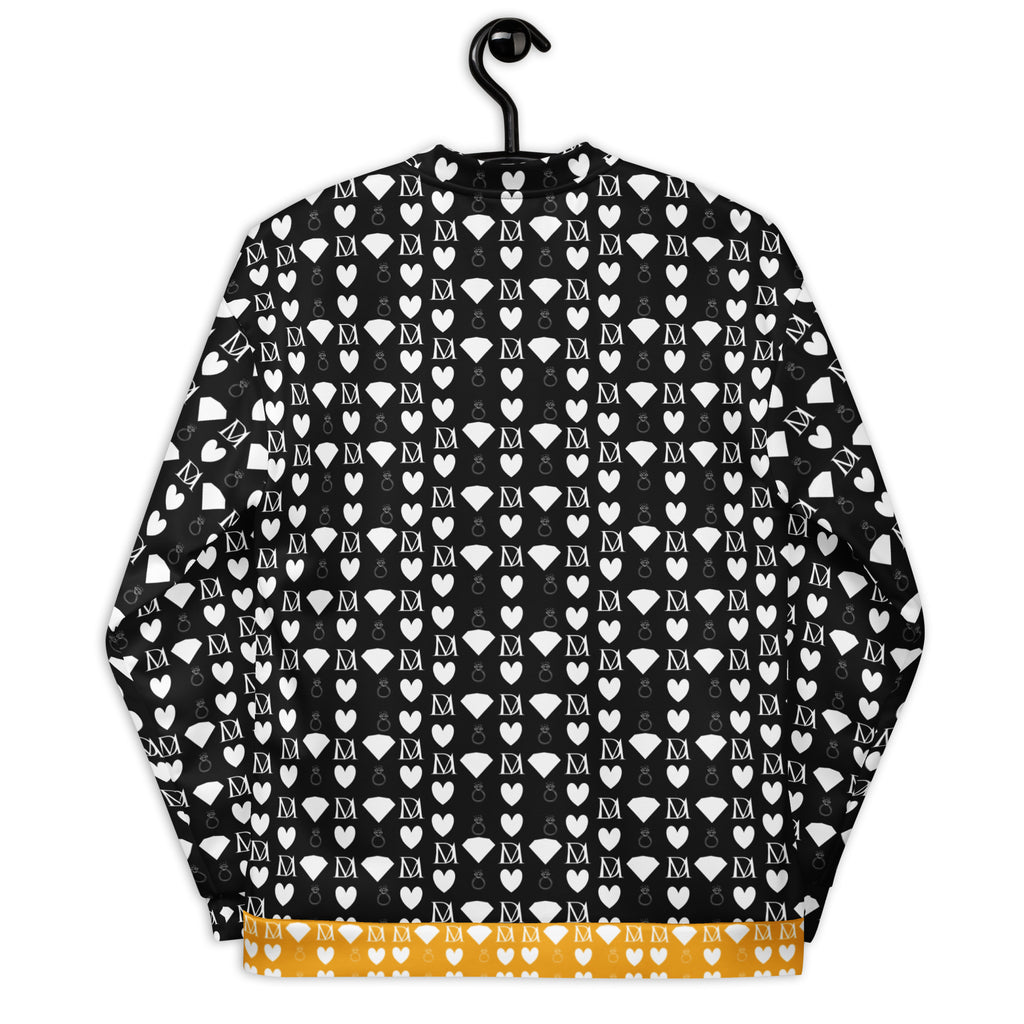 Unisex white bomber jacket with frosted diamond print by Daemon Luxury, showing all-over design on the back.