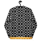 Unisex white bomber jacket with frosted diamond print by Daemon Luxury, showing all-over design on the back.