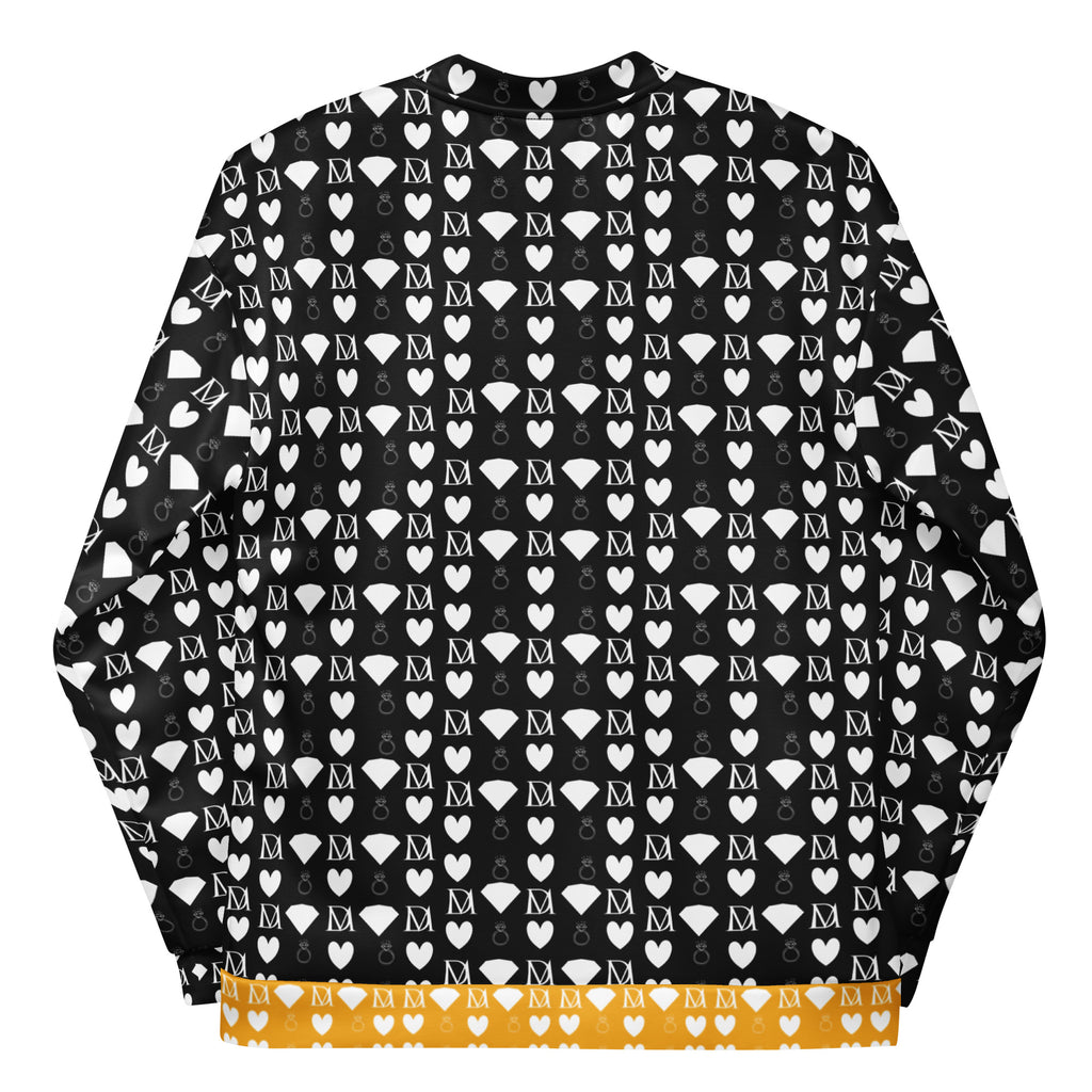 Unisex white bomber jacket with all-over frosted diamond print by Daemon Luxury, stylish and modern outerwear.