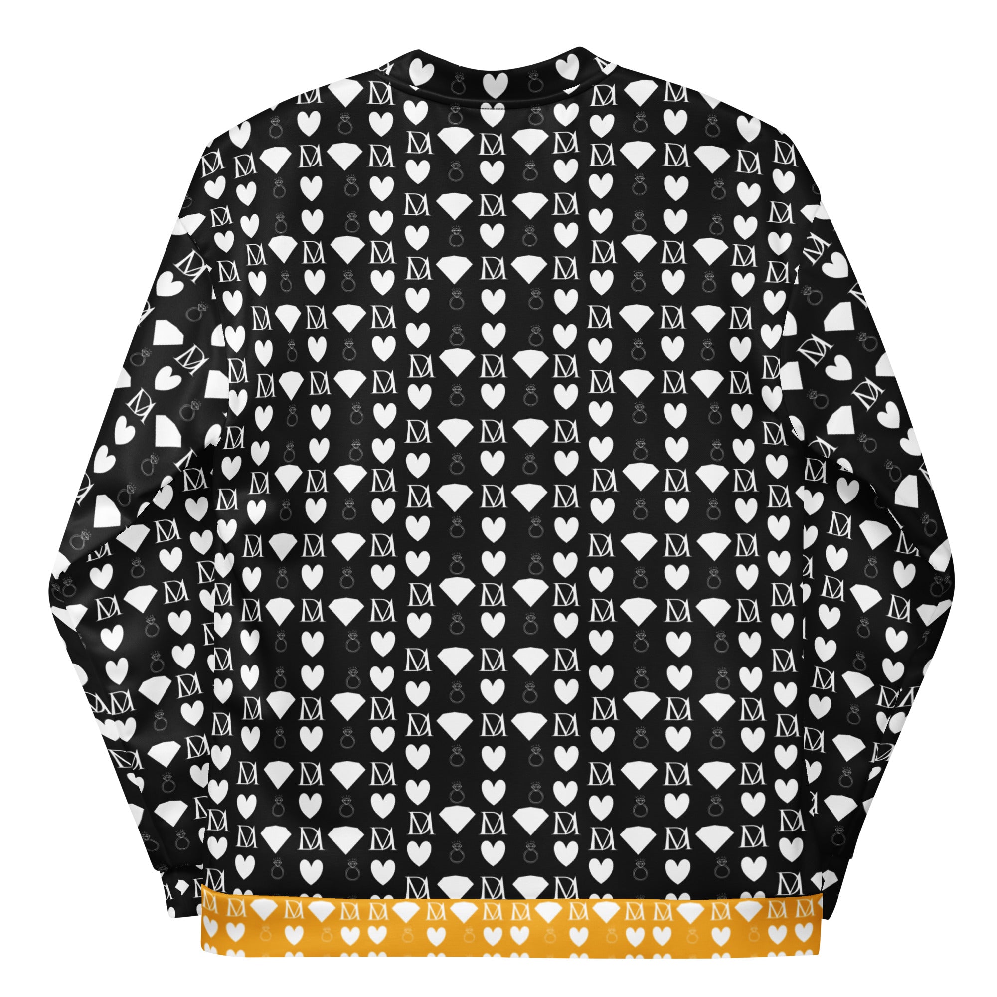 Unisex white bomber jacket with all-over frosted diamond print by Daemon Luxury, stylish and modern outerwear.