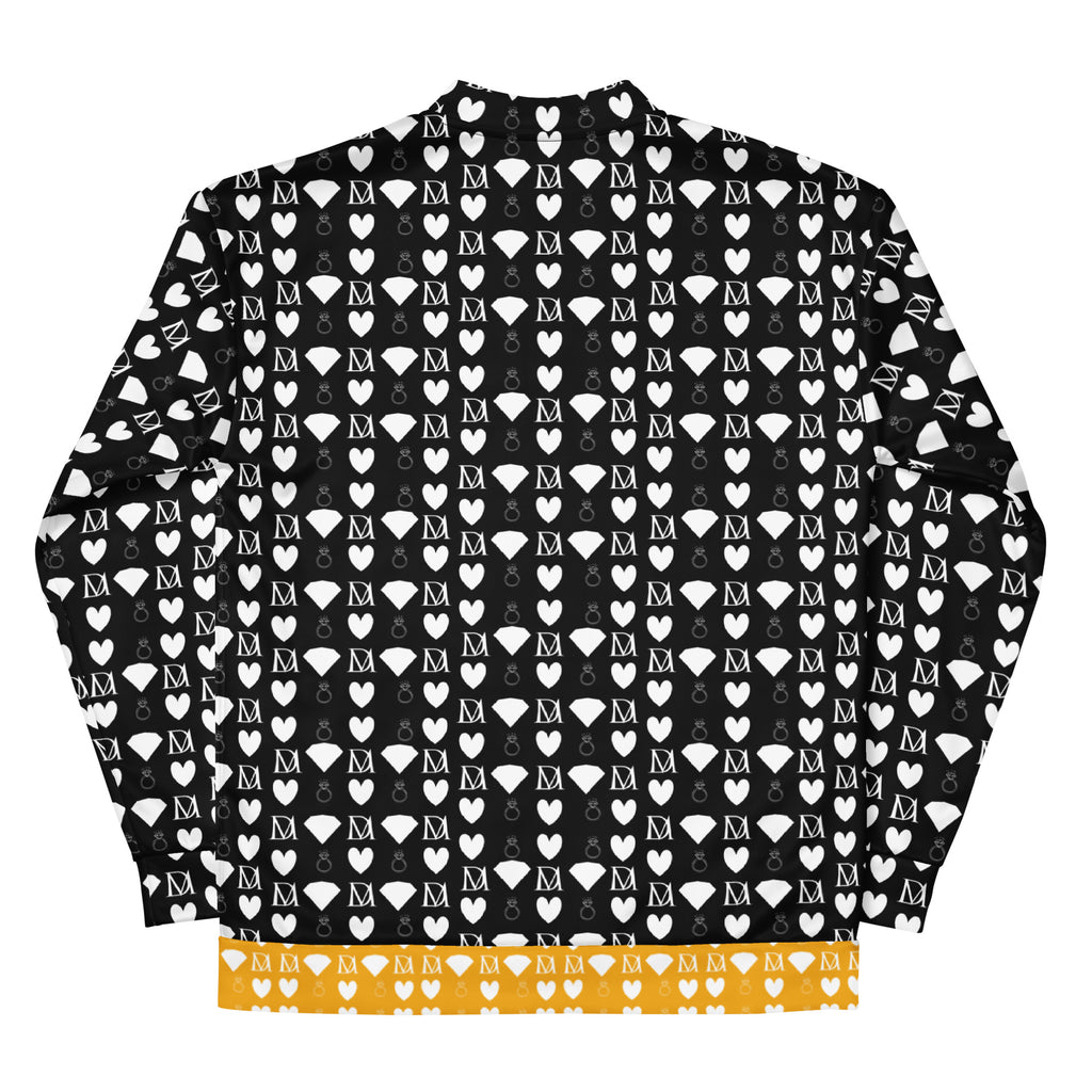 Unisex white bomber jacket with all-over frosted diamond print by Daemon Luxury, stylish and modern outerwear.