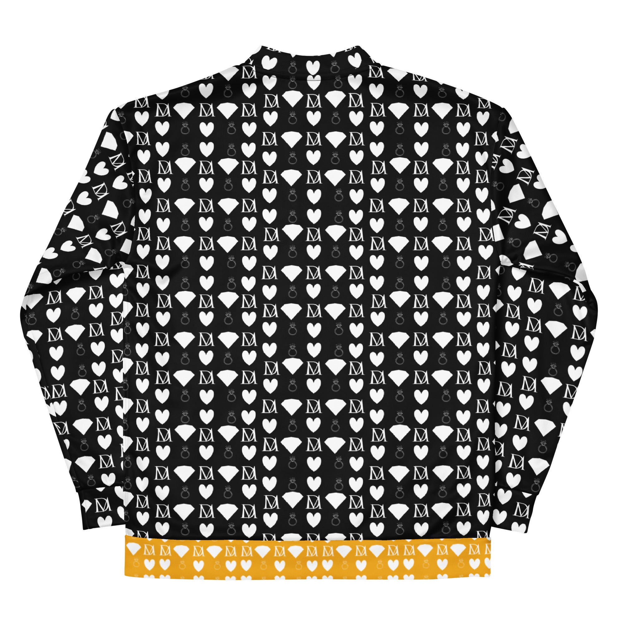 Unisex white bomber jacket with all-over frosted diamond print by Daemon Luxury, stylish and modern outerwear.