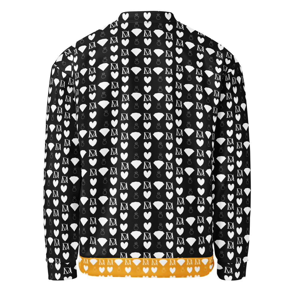 Unisex white bomber jacket with all-over frosted diamond print by Daemon Luxury, stylish and modern outerwear.