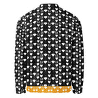 Unisex white bomber jacket with all-over frosted diamond print by Daemon Luxury, stylish and modern outerwear.