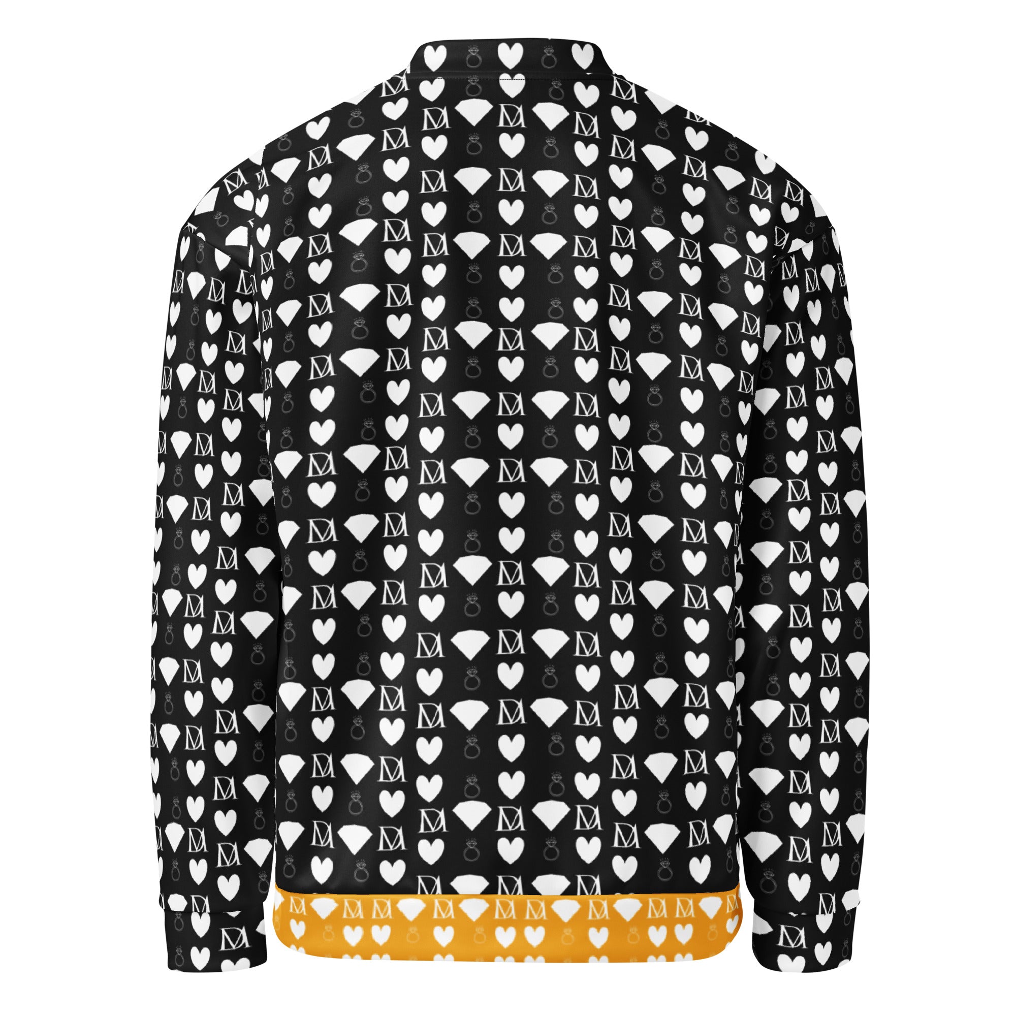 Unisex white bomber jacket with all-over frosted diamond print by Daemon Luxury, stylish and modern outerwear.