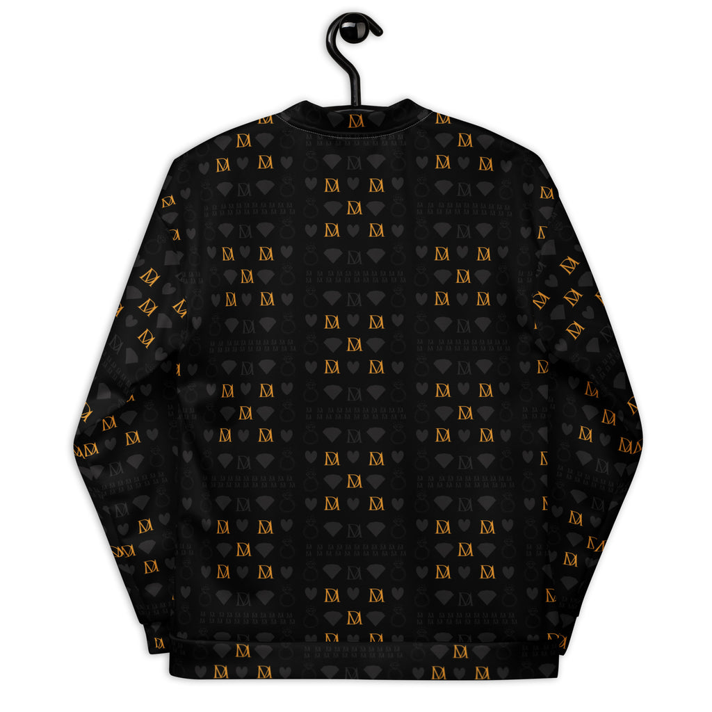 Unisex bomber jacket with all-over frosted diamond gold tender print on white background, by Daemon Luxury.