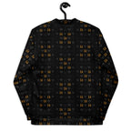 Unisex bomber jacket with all-over frosted diamond gold tender print on white background, by Daemon Luxury.