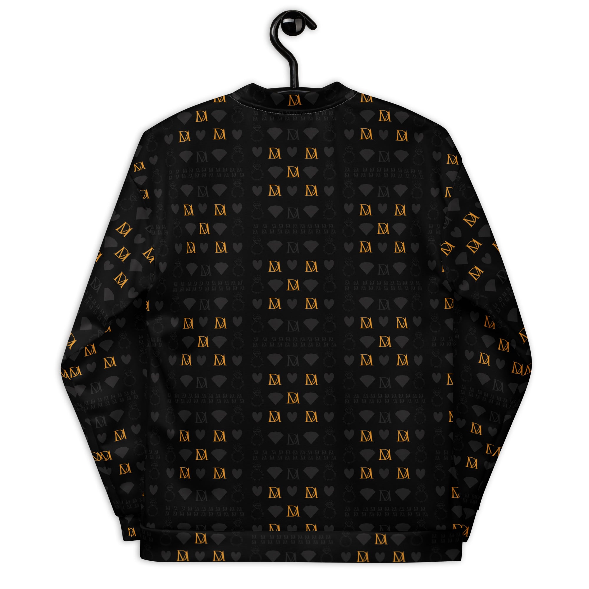 Unisex bomber jacket with all-over frosted diamond gold tender print on white background, by Daemon Luxury.