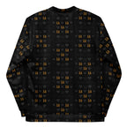 Unisex bomber jacket by Daemon Luxury with all-over frosted diamond print in gold on a white background.