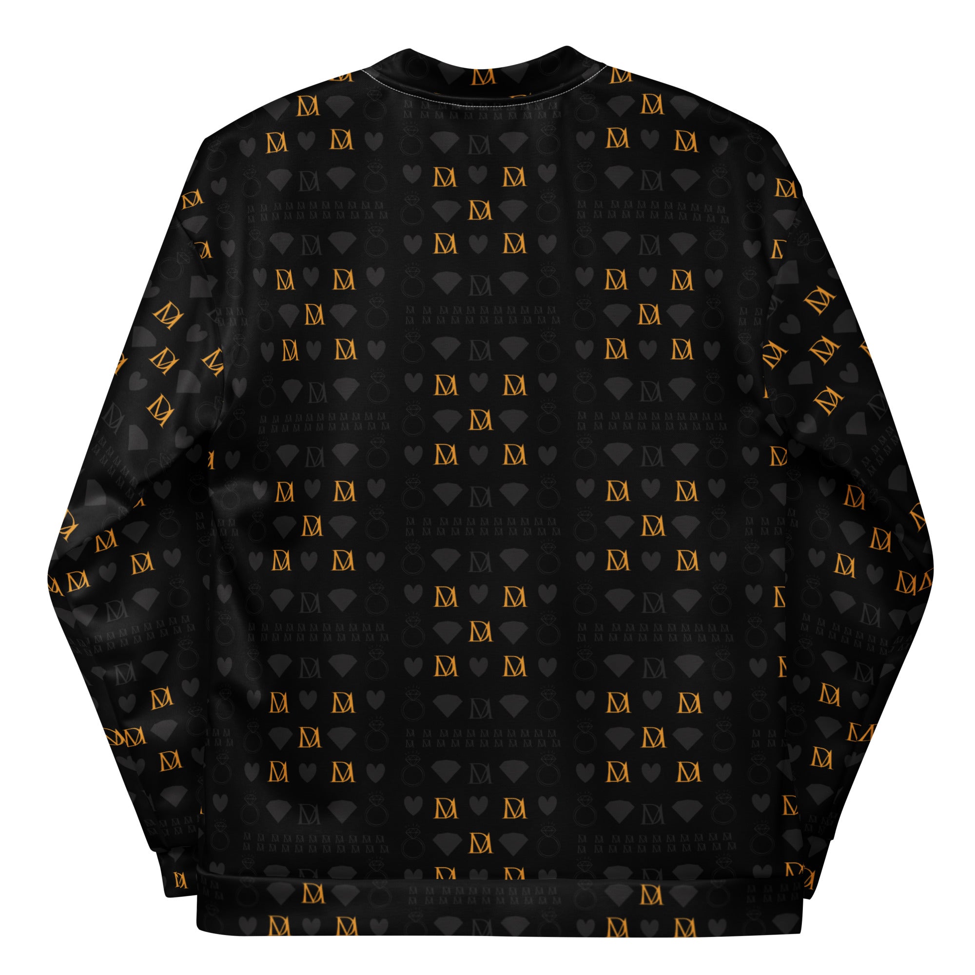 Unisex bomber jacket by Daemon Luxury with all-over frosted diamond print in gold on a white background.