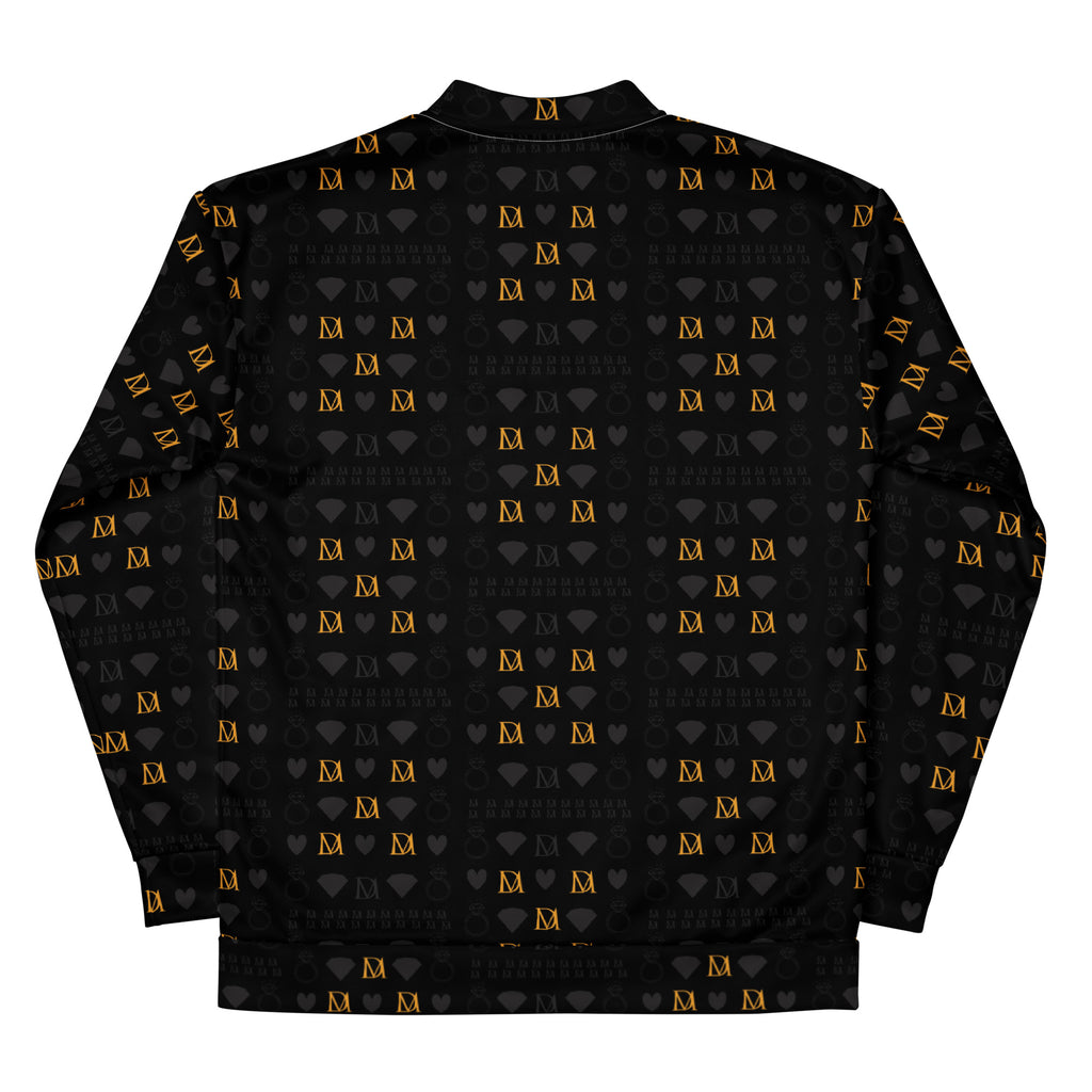Unisex bomber jacket with all-over white print featuring frosted diamond patterns in gold, by Daemon Luxury.
