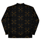 Unisex bomber jacket with all-over white print featuring frosted diamond patterns in gold, by Daemon Luxury.