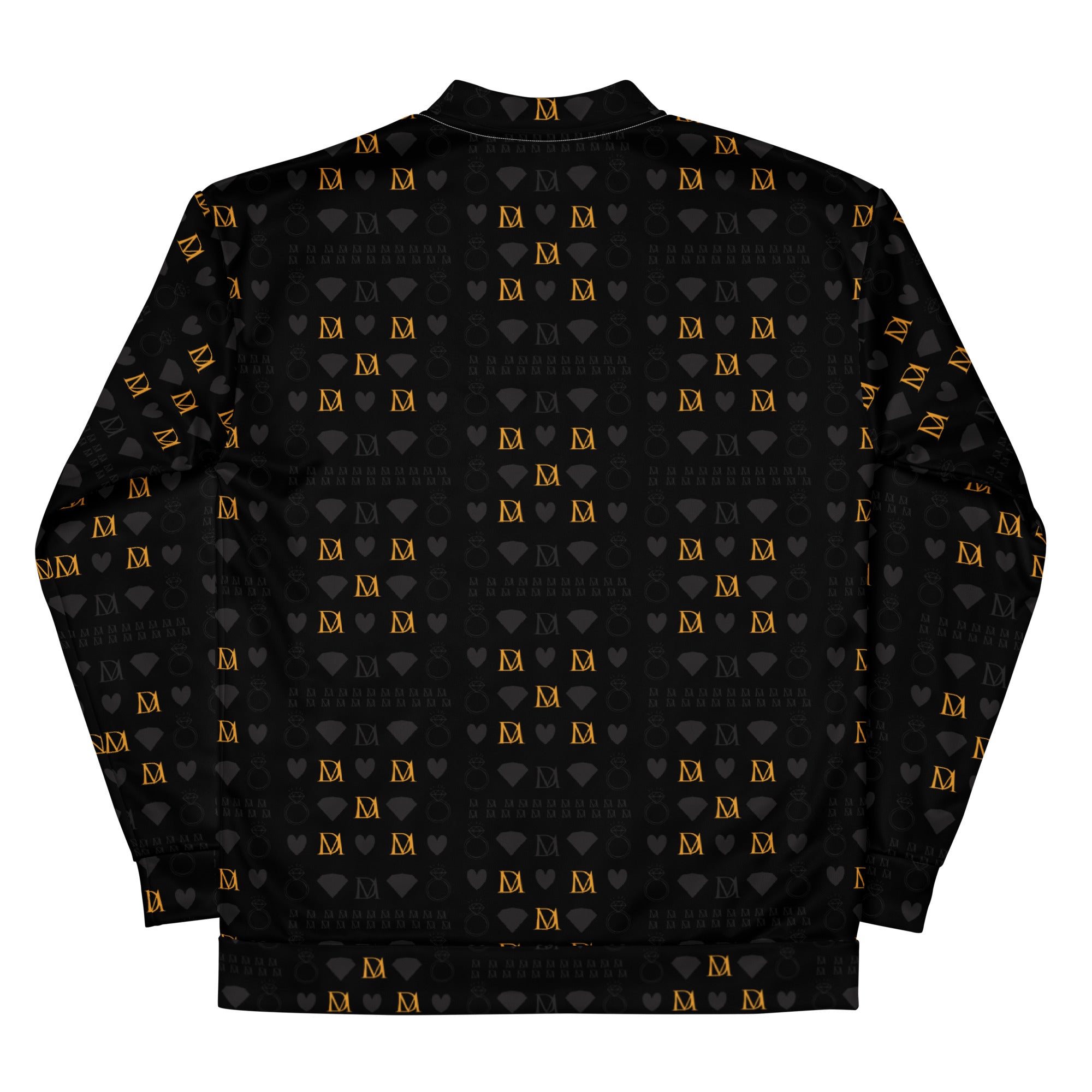 Unisex bomber jacket with all-over white print featuring frosted diamond patterns in gold, by Daemon Luxury.