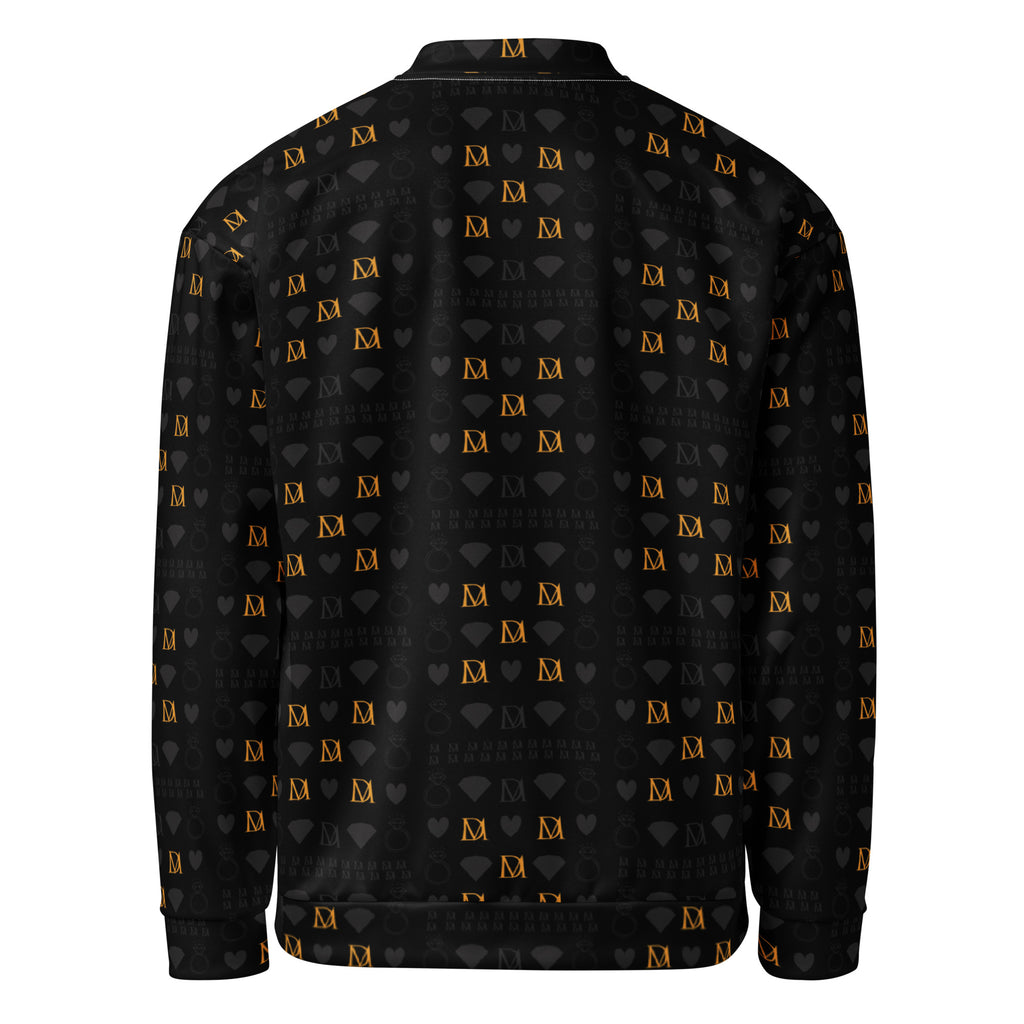 Unisex bomber jacket with all-over frosted diamond print in gold, featuring a stylish white back design by Daemon Luxury.