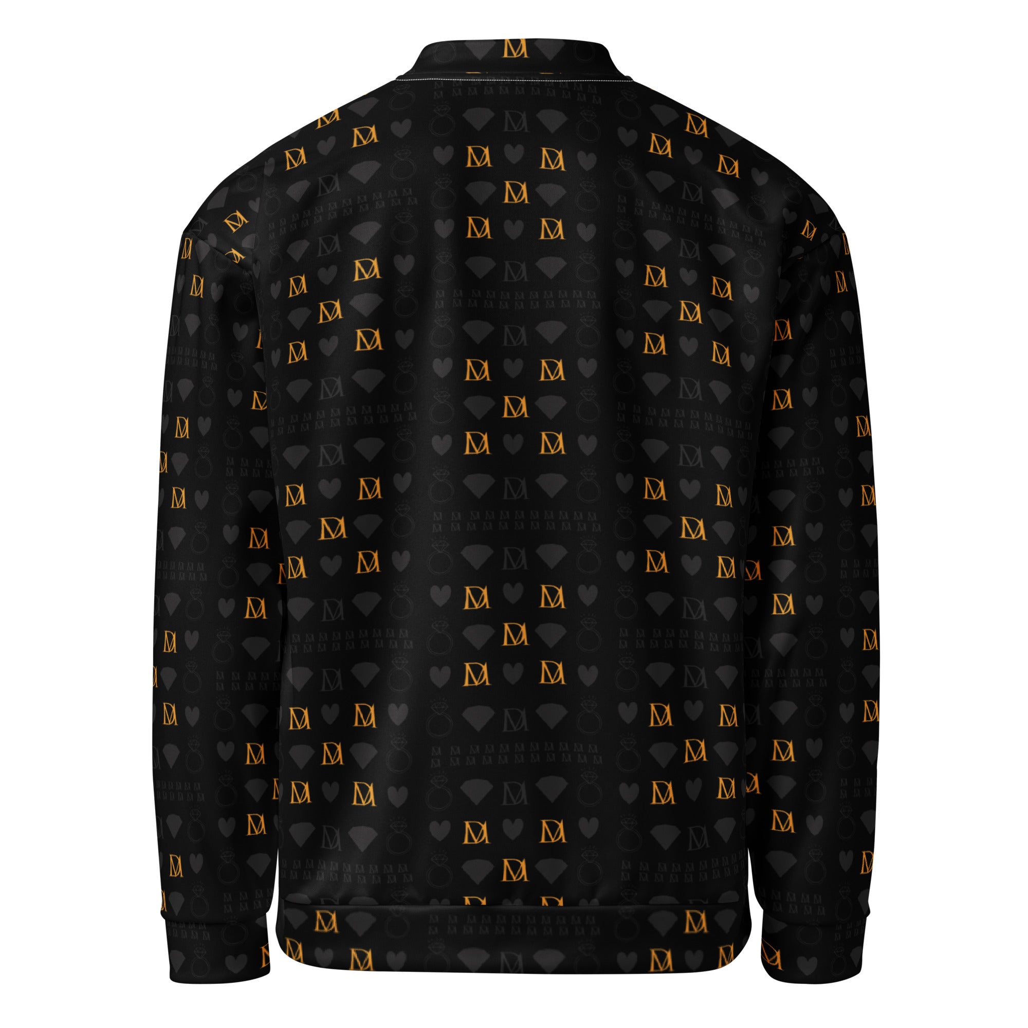 Unisex bomber jacket with all-over frosted diamond print in gold, featuring a stylish white back design by Daemon Luxury.