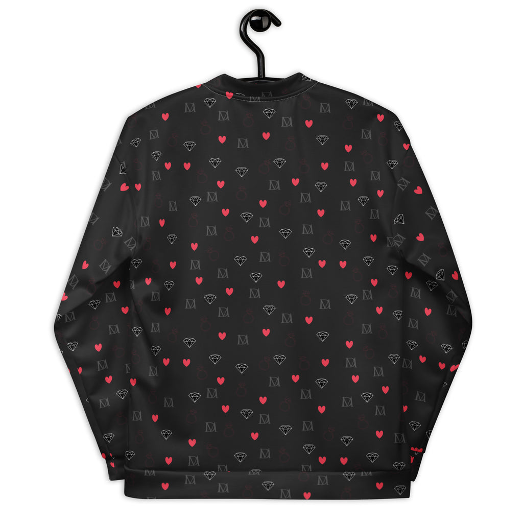 Unisex bomber jacket by Daemon Luxury with white speckled diamond pattern and all-over print on the back.